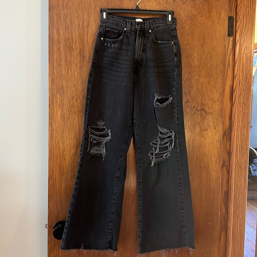 Melrose Hollister Black Distressed Raw Hem Wide Leg Black Jeans